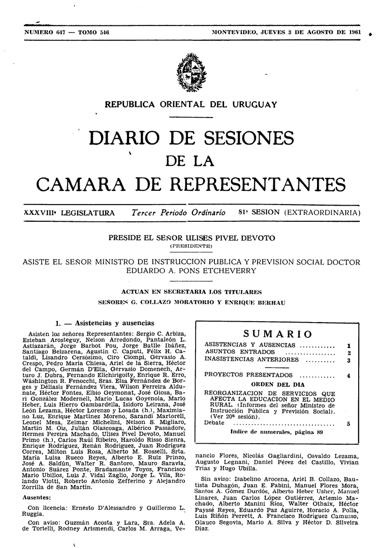 DIARIO DE SESIONES DE LA CAMARA DE REPRESENTANTES del 03/08/1961